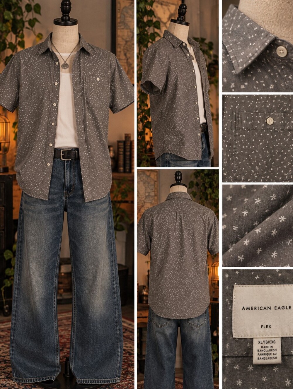 American Eagle Flex Men’s XL Gray Micro Print Short Sleeve Button Down